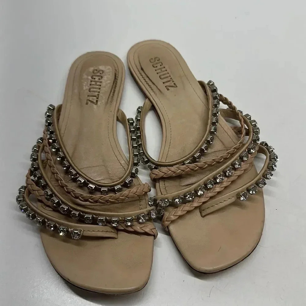 Schutz Sandals Slides Flats Jeweled Embellished Braided Leather Tan Brown Size 6